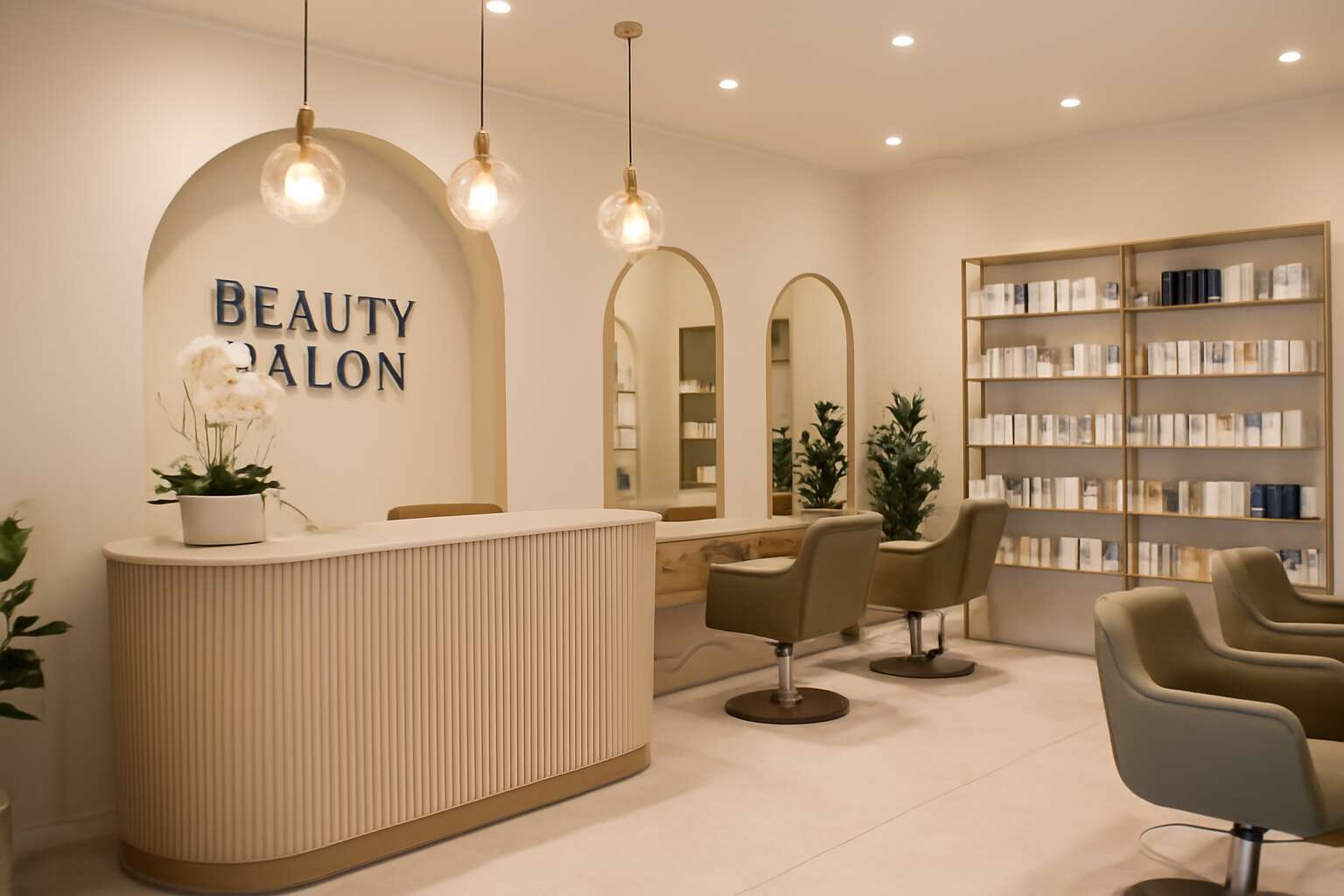 SalonTime-branded waiting area with a neon sign and flower wall